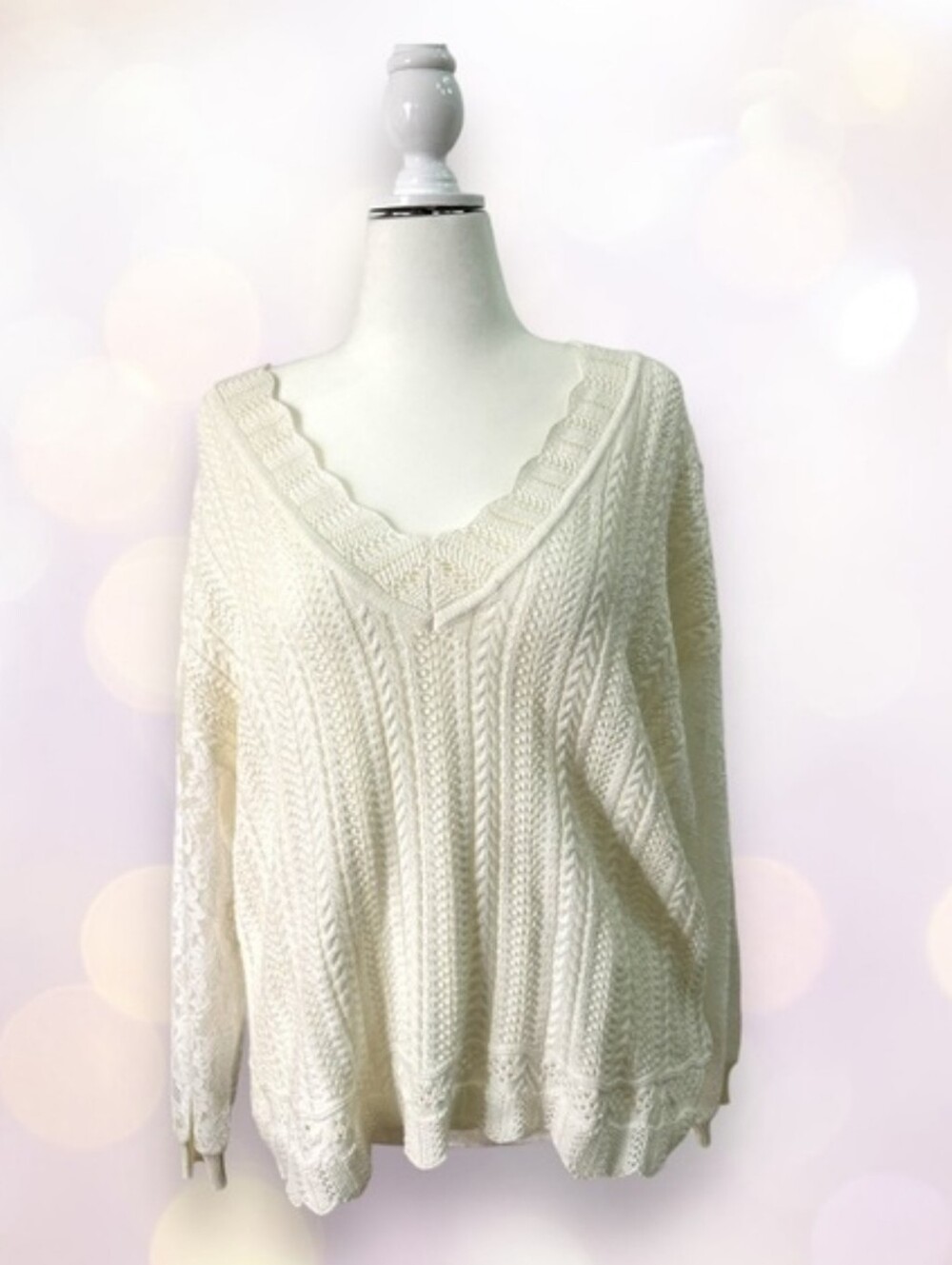 Anthropologie Cream Cable-Knit V-Neck Sweater